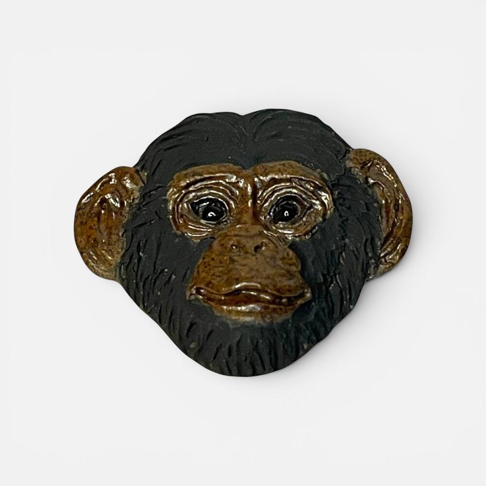 Handmade Chimpanzee Brooch Ceramic Pottery Monkey Face Pin Folk Art Wildlife
